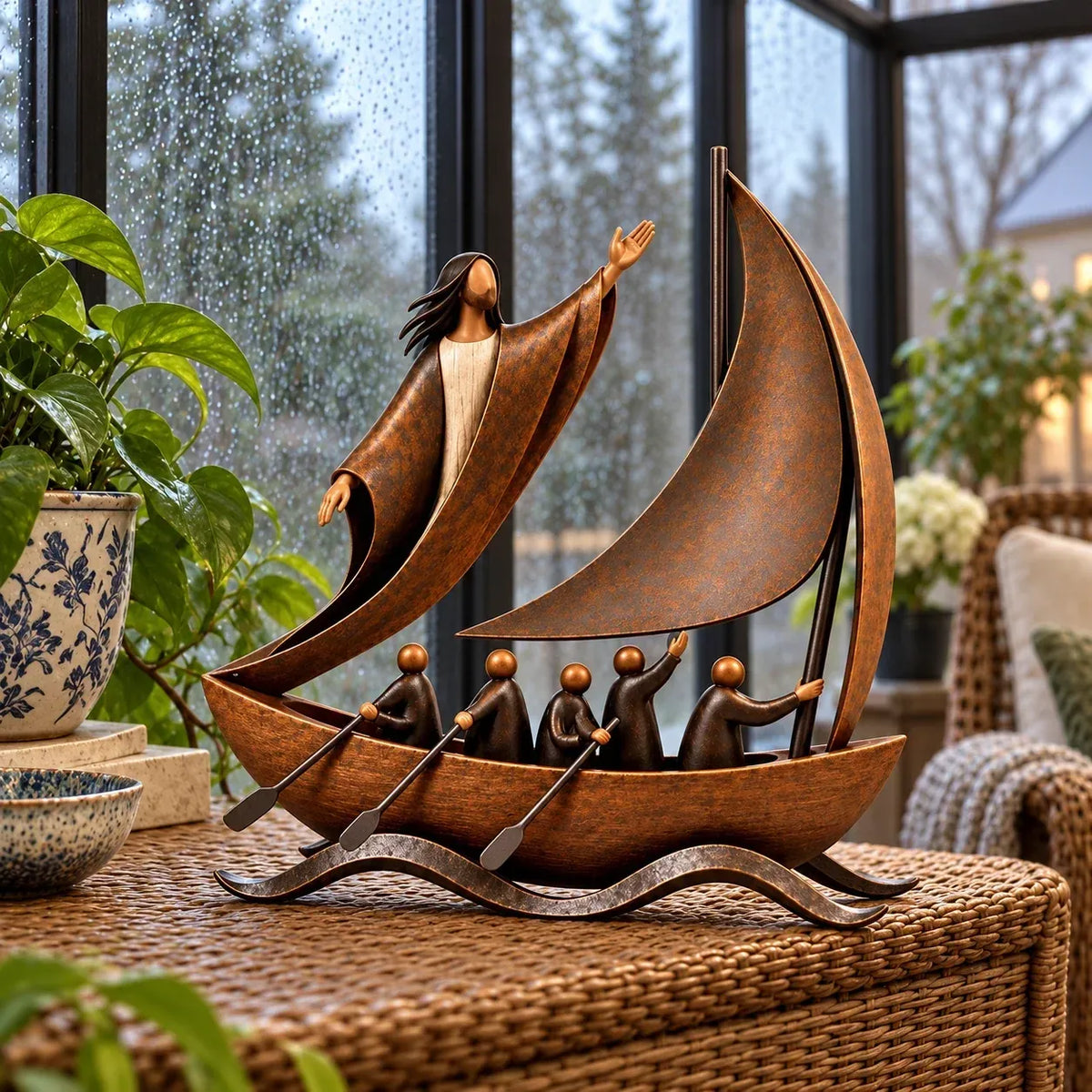 ⛵ Faith-Inspired Sailing Boat Sculpture | Bronze-Tone Décor with Symbolic Figures & Timeless Detail ✨