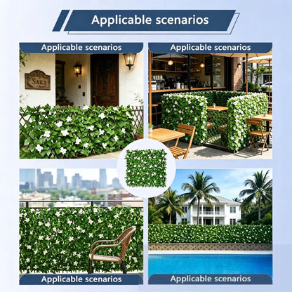 📍Extendable Simulation Rattan Fence with White Flowers Decorating Green Leaves, Stretchable Folding Design, Privacy Shielding Courtyard Balcony Walls, Artificial Green Plants