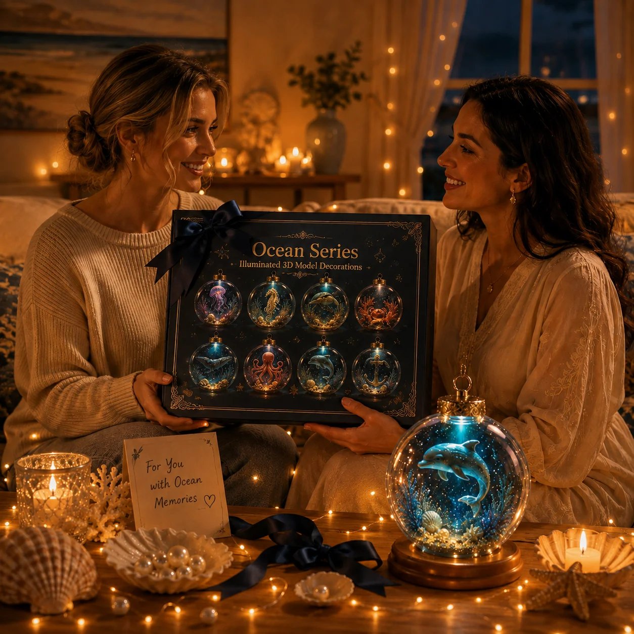 🌊 Ocean Series Illuminated 3D Model Decoration Collection | Clear Display Ornament with Detailed Sea Creatures, Coral, Shell & Pearl-Style Accents ✨