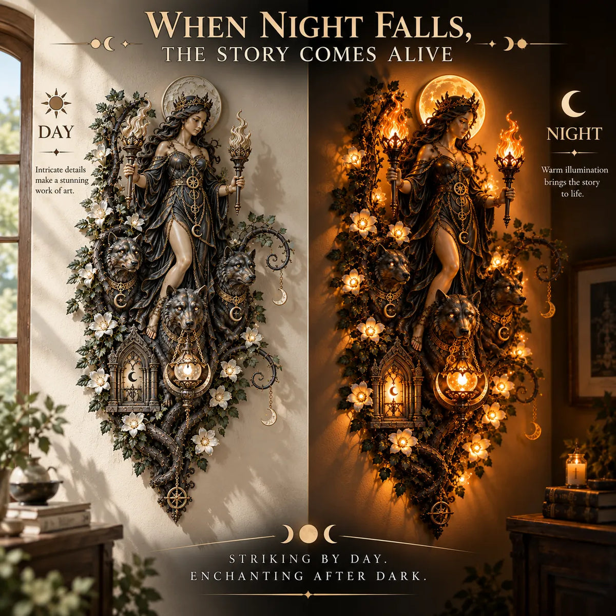 🌕🔥 Hecate’s Guiding Light Wall Décor | Moon Goddess 3D Wall Art with Twin Torches & Guardian Hounds