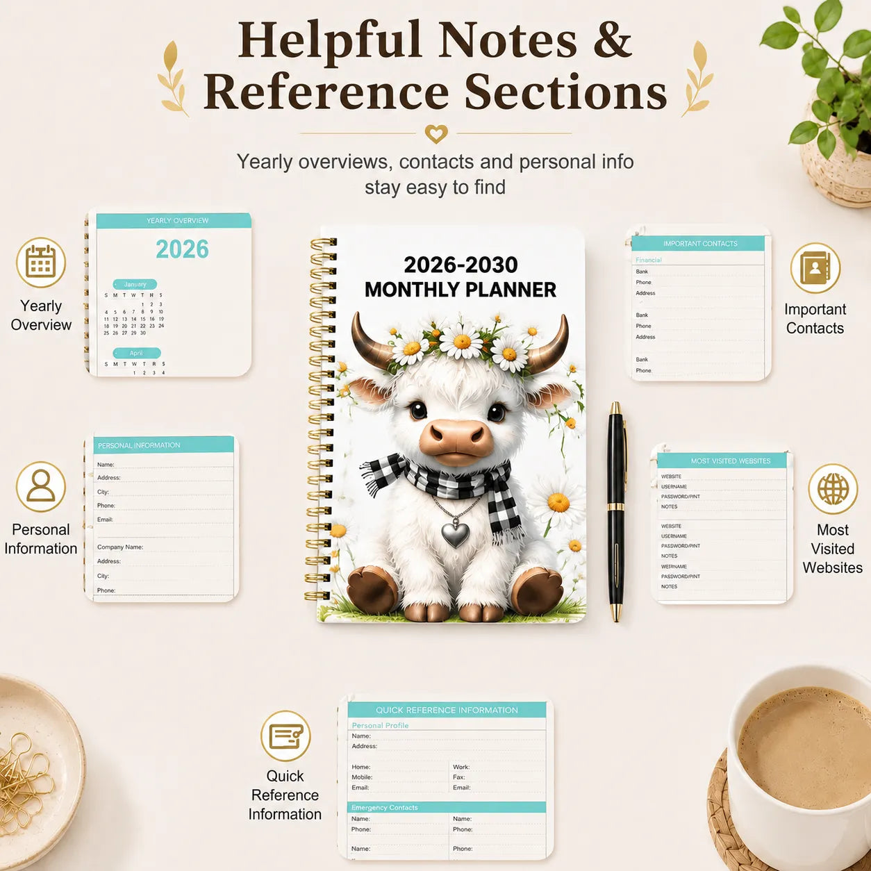 🐮 LAST DAY 49% OFF – Cute Cow 5-Year Planner 2026–2030 | Monthly Organizer with Farmhouse Cover, Goal Tracking Pages & Long-Term Planning Layout ✨