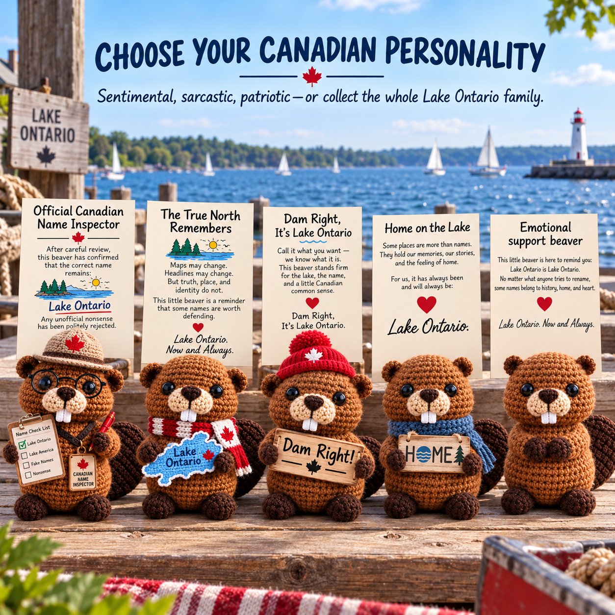🦫 Lake Ontario Emotional Support Beaver Crochet Keepsake | 5 Canadian-Inspired Personalities with Matching Message Cards for Cottage Families, Lake Lovers & Meaningful Gifts 🍁