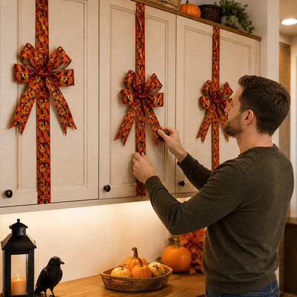 🎀🎃Halloween Cabinet Bow Decor - Cute Pumpkin Ribbon Wreath, Festive Kitchen Cupboard & Door Hanging Decorations