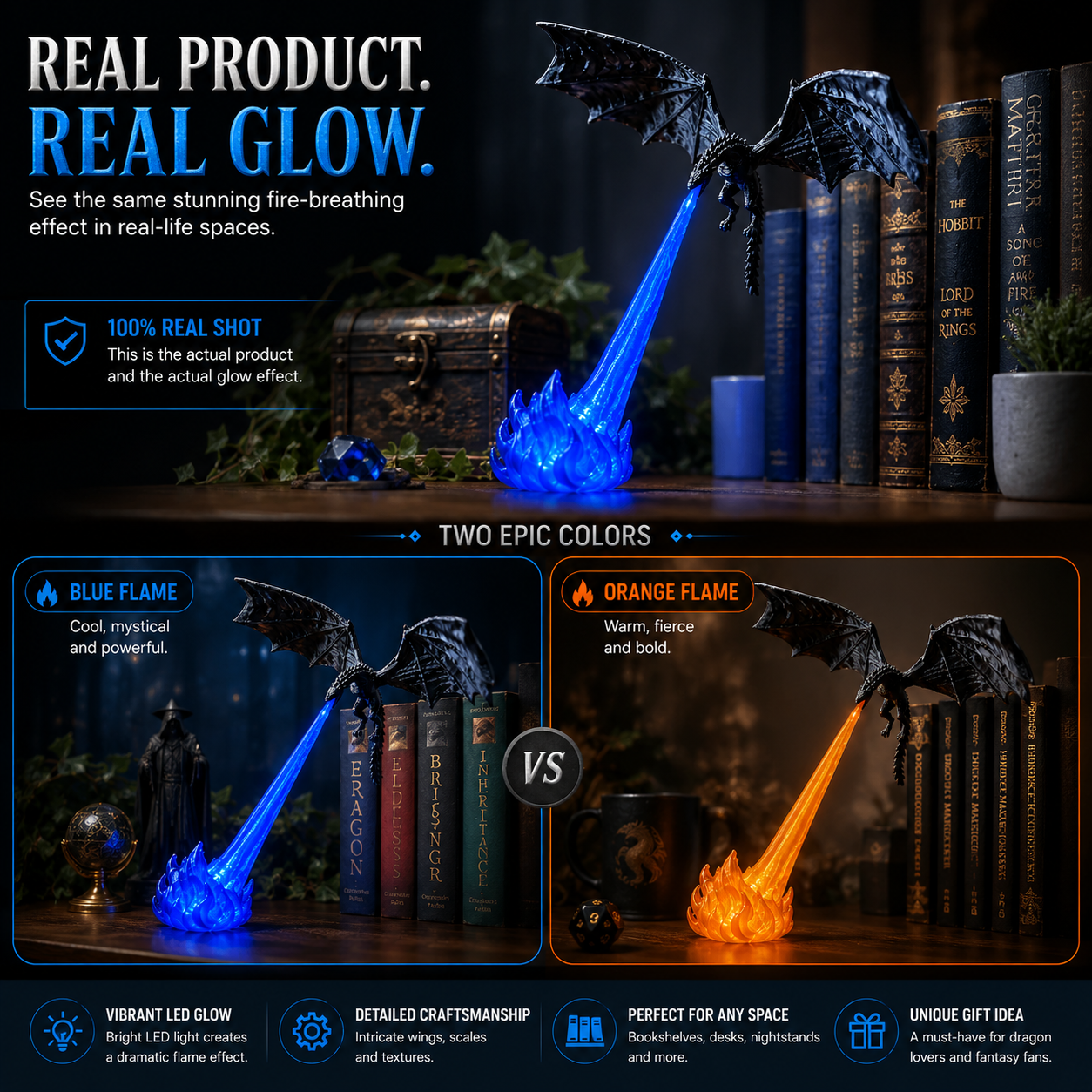 blue and orange dragon flame display