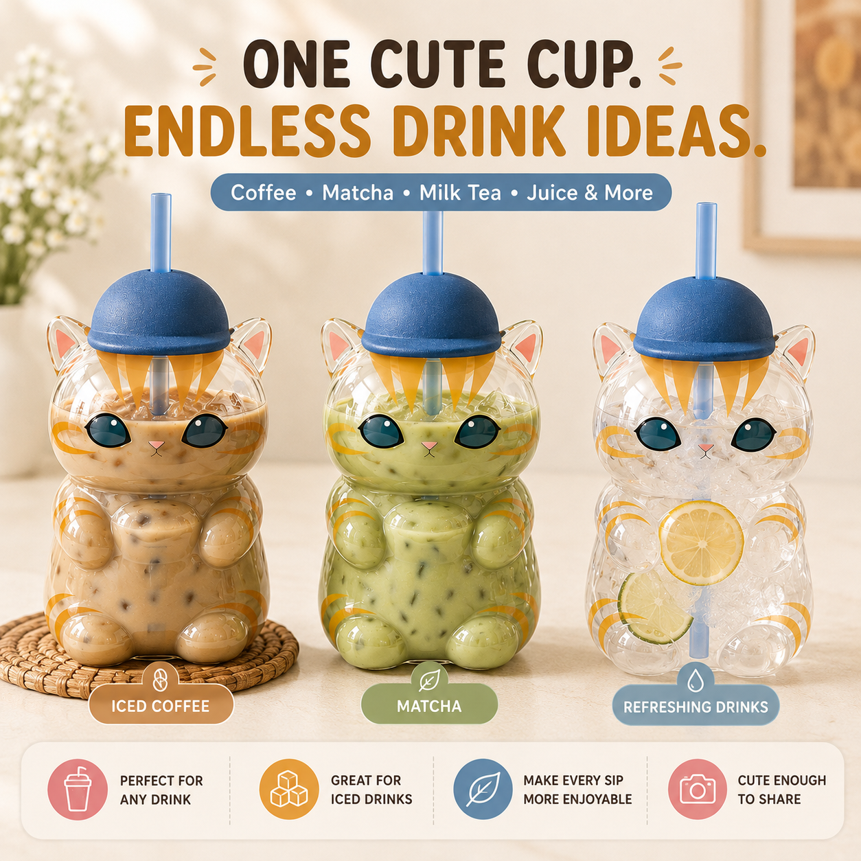 🐱 NEW DROP | 500ML Cat-Shaped Straw Cup – Cute Iced Coffee, Matcha & Milk Tea Tumbler