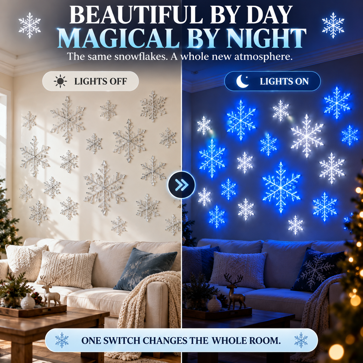 💙 WINTER WONDERLAND FAVORITE | Blue & White LED Snowflake Lights – Christmas Wall Decor for Living Rooms & Bedrooms
