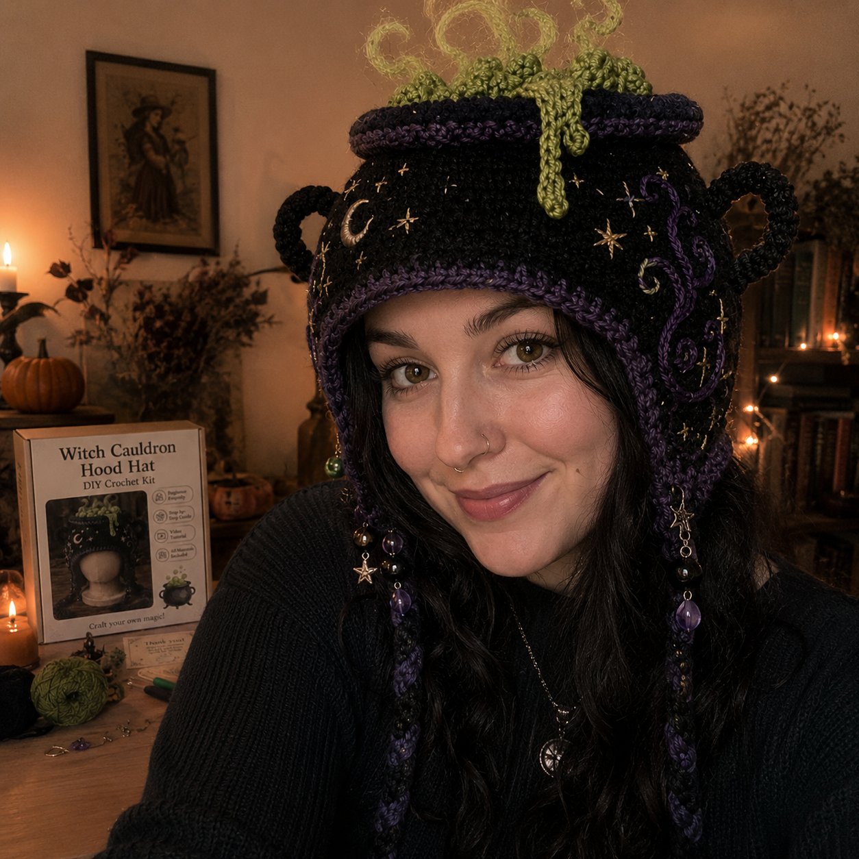 🔥 LAST DAY 49% OFF – 🎃✨ Halloween Hood Hat DIY Crochet Kit | Premium Soft Yarn Materials with Step-by-Step Guide DIY Handmade Wearable Spooky Character Hood 🧶🎭✨