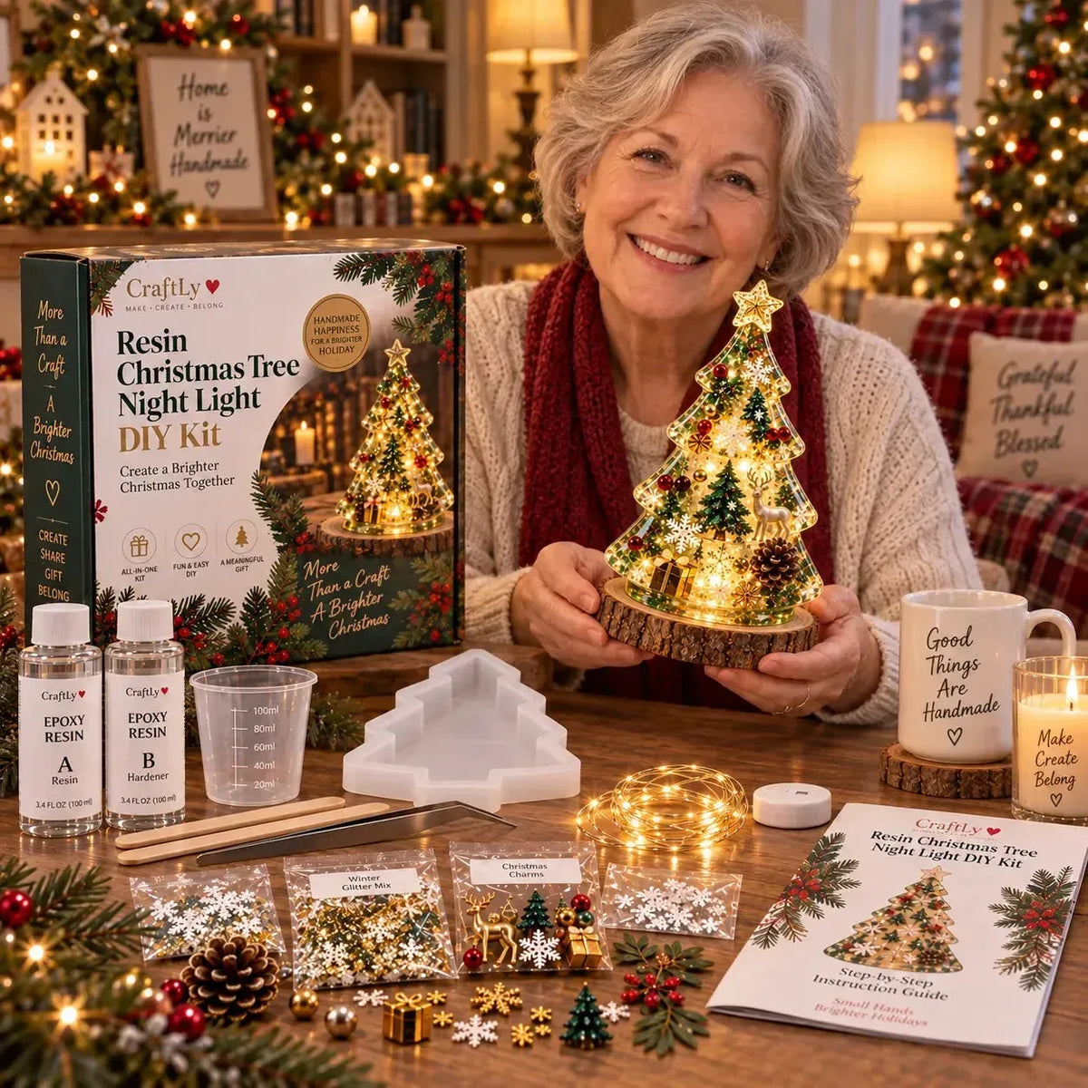 ⏳ Last Day 49% OFF – 🎄Beginner-Friendly Resin Christmas Tree Night Light DIY Kit | Mold, Resin, Fairy Lights & Festive Decorations Included ✨