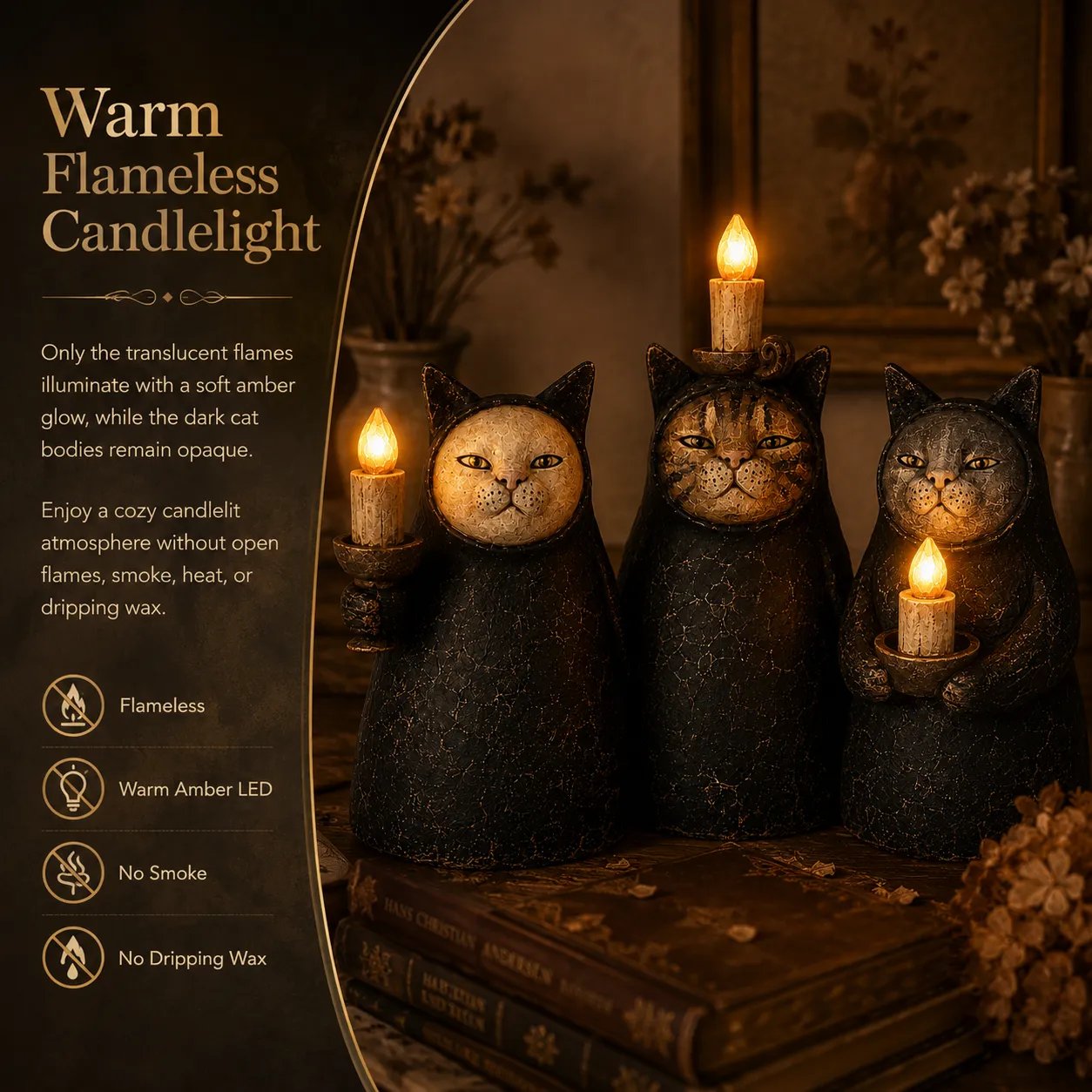 3-Piece Mysterious Hooded Cat Candlelight Figurine