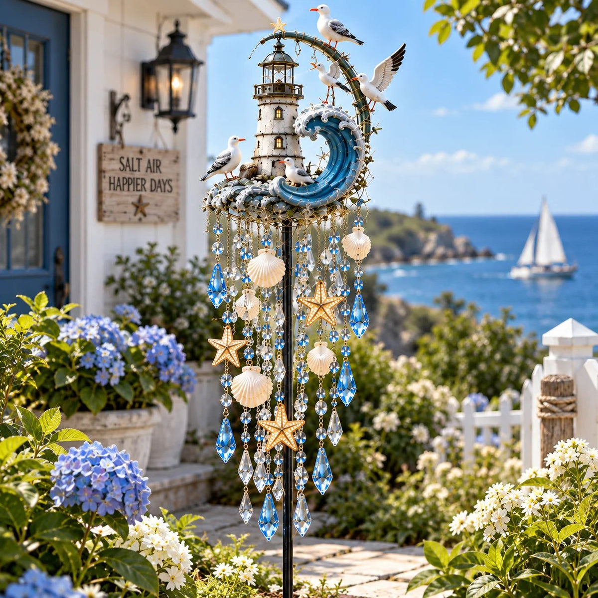 Daytime view of lighthouse garden stake with blue wave, seabirds and hanging shells