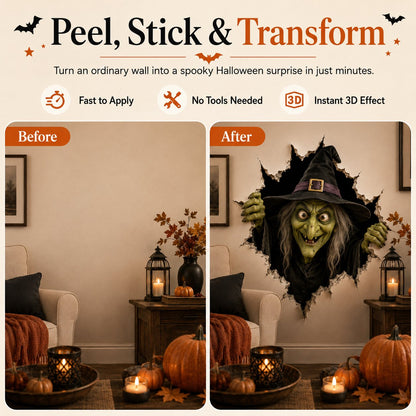 ⏳ Last Day 49% OFF – 🧙‍♀️ Halloween Witch Break-In 3D Wall Decal | Realistic Cracked-Wall Illusion with Reaching Hands, Dramatic Witch Artwork & Easy Peel-and-Stick Design 🎃✨