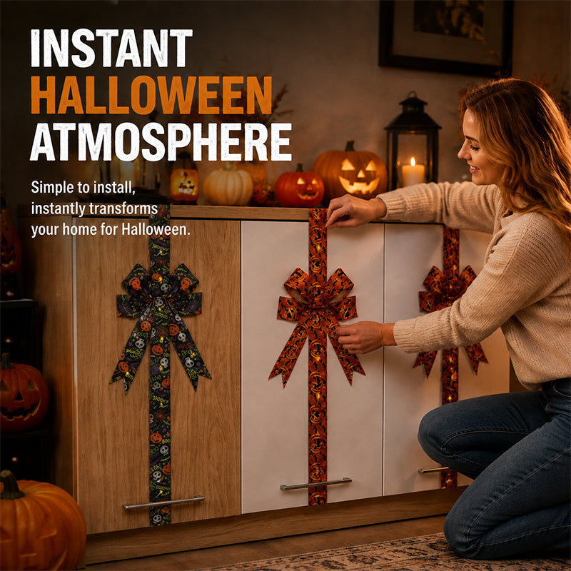🎀🎃Halloween Cabinet Bow Decor - Cute Pumpkin Ribbon Wreath, Festive Kitchen Cupboard & Door Hanging Decorations