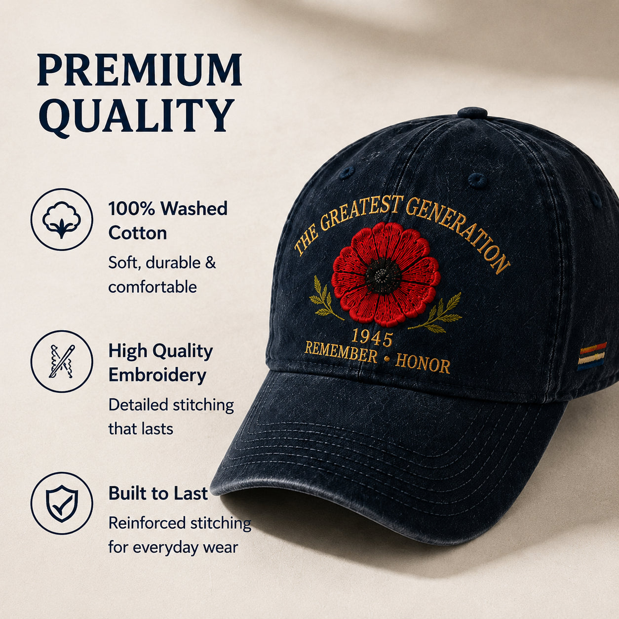🎁 The Greatest Generation 1945 Memorial Poppy Cap – Remember & Honor
