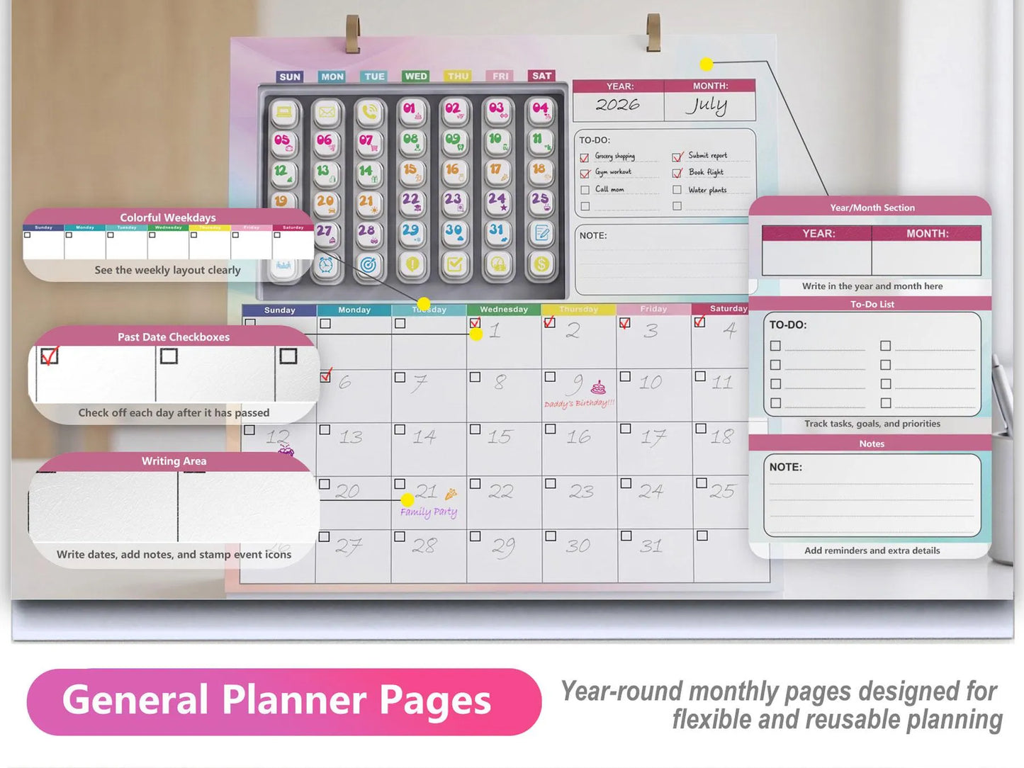 📅 Reusable Desk Calendar with 42 Self-Inking Event Stamps & 23 Replaceable Pages