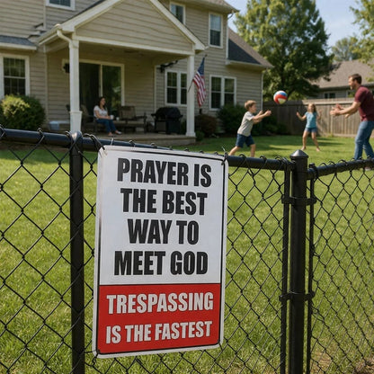 'No Trespassing—Or You'll See God Sooner Than You Think' (Decorative Sign)