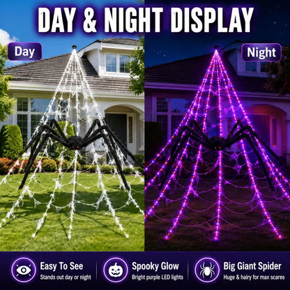 Halloween LED Spider Web Lights & Giant Black Spider Decor | 250 LEDs, 8 Modes, Remote Control