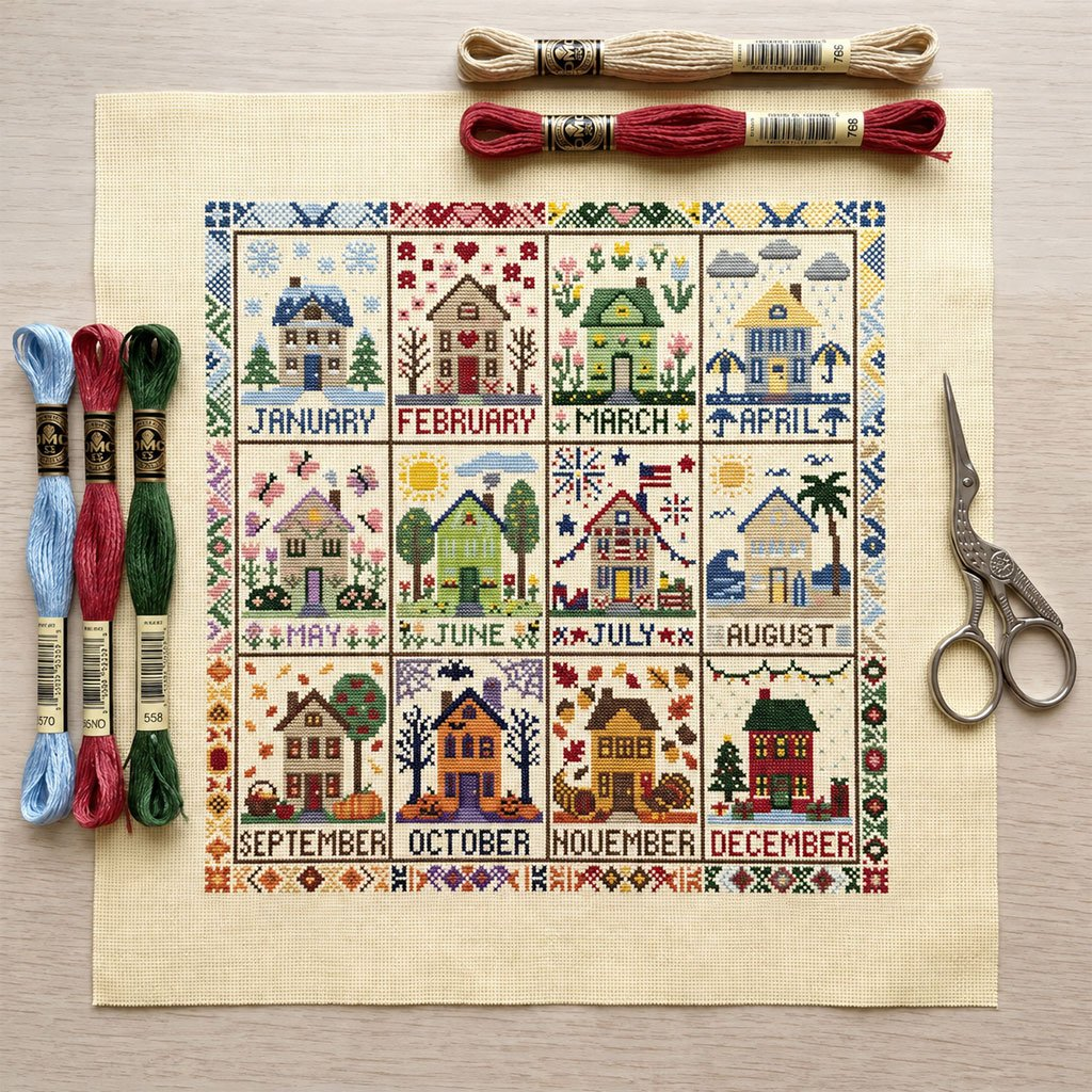 Cottage Seasons 12-month cross stitch design