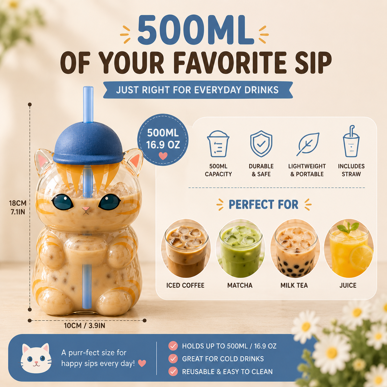 🐱 NEW DROP | 500ML Cat-Shaped Straw Cup – Cute Iced Coffee, Matcha & Milk Tea Tumbler