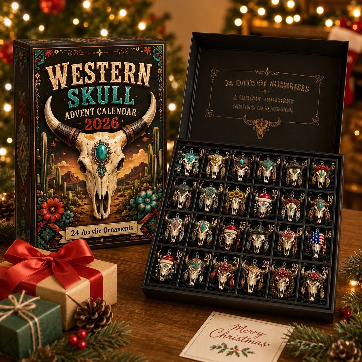 CHRISTMAS KICKOFF: 48% OFF – 2026 Western Skull Christmas Advent Calendar – 24 Unique Cowgirl & Cowboy Skull Ornaments, Acrylic Charms Blind Box