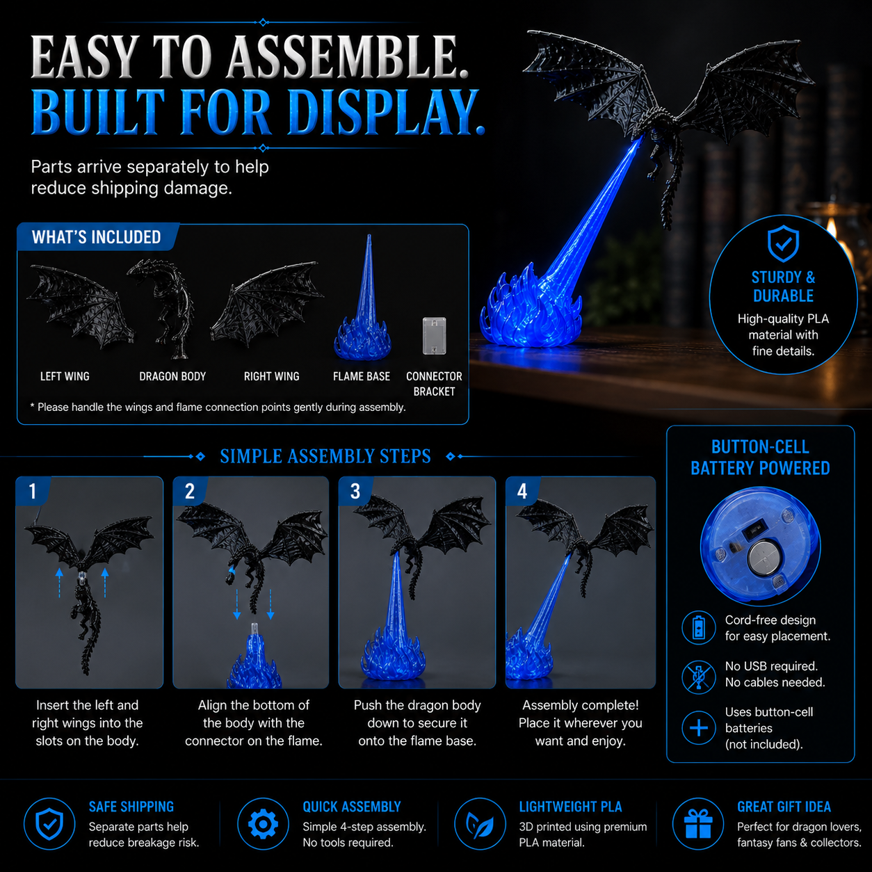 🔥  🐉| 3D Fire-Breathing Dragon LED Display – Fantasy Bookshelf Decor with Glowing Flame