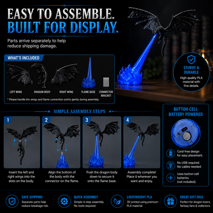 🔥  🐉| 3D Fire-Breathing Dragon LED Display – Fantasy Bookshelf Decor with Glowing Flame