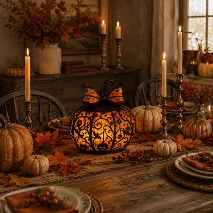 Glowing Filigree Pumpkin Lantern – Cozy Halloween Tabletop Decor
