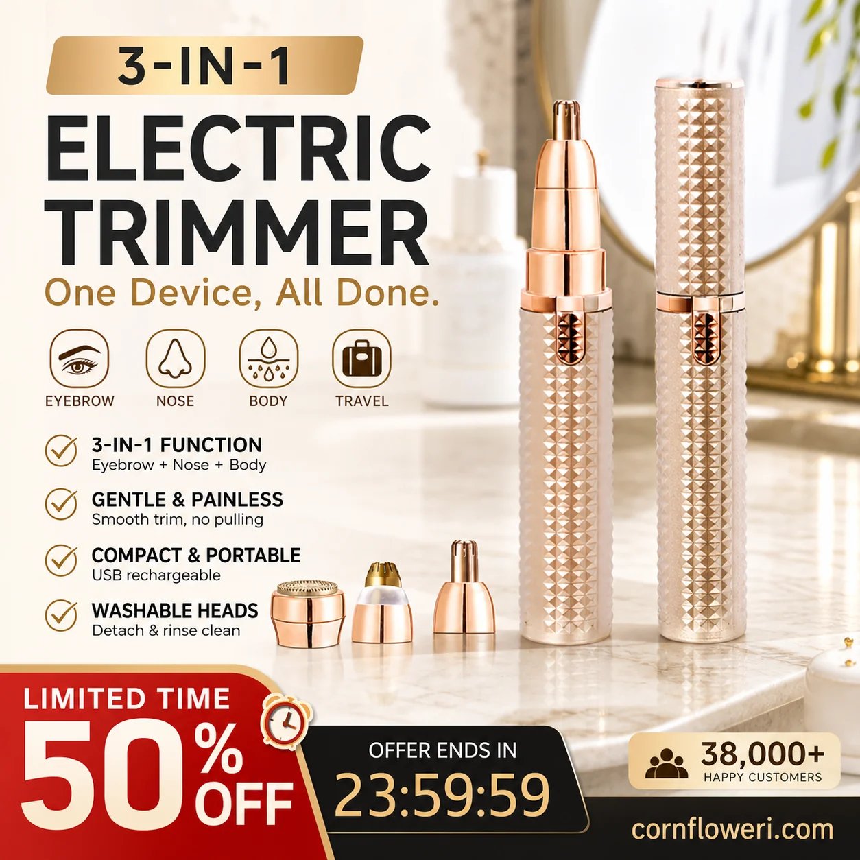 Portable Electric Eyebrow & Facial Trimmer – 3 Interchangeable Heads