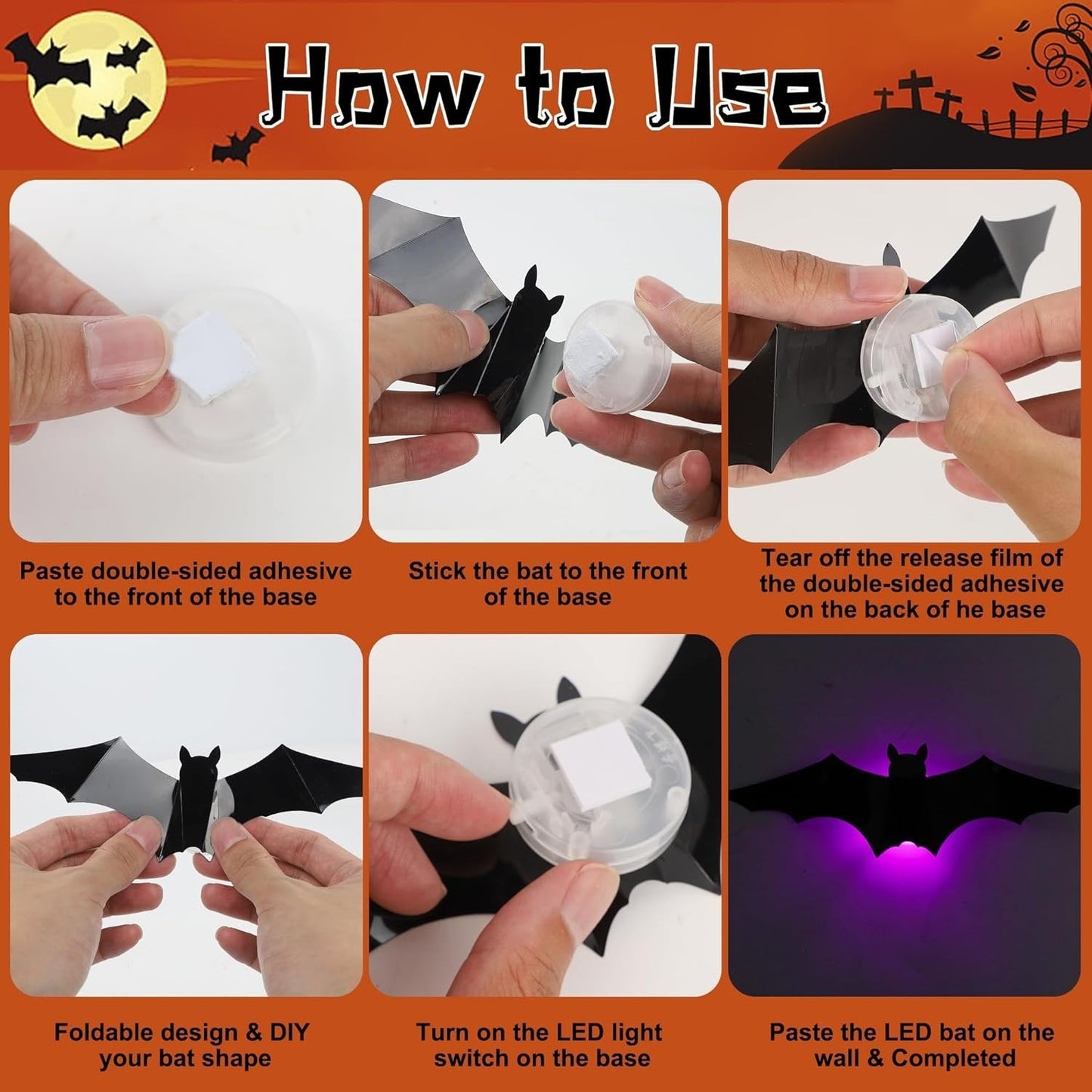 🦇 3D Flashing LED Bat Wall Stickers Set 🎃