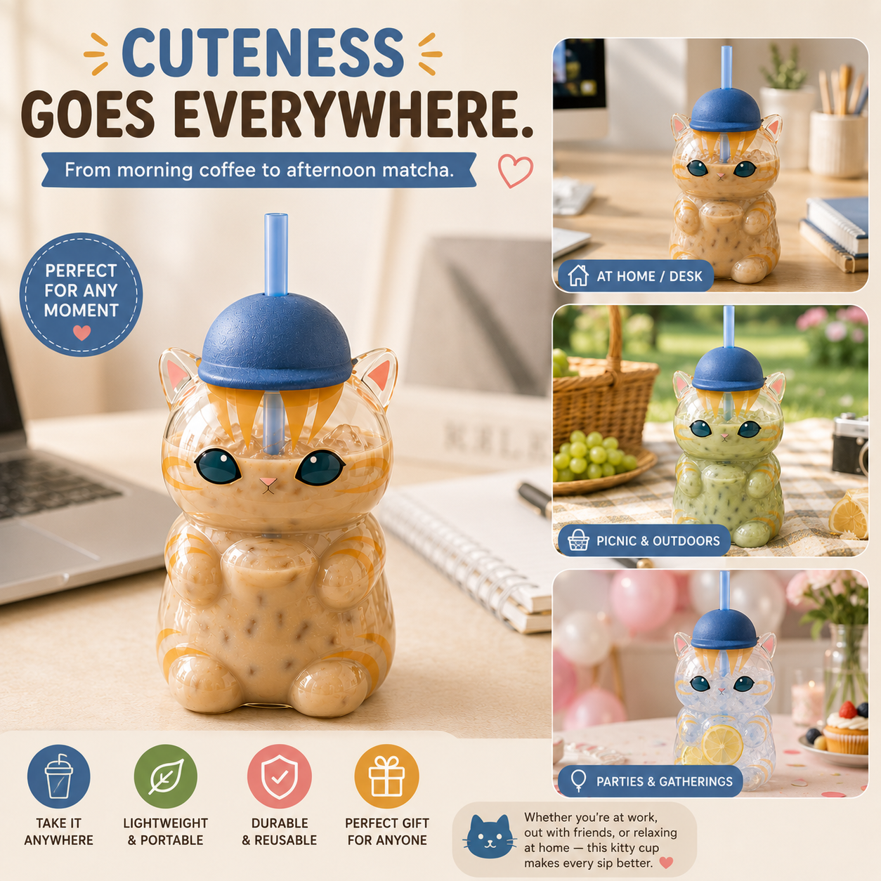 🐱 NEW DROP | 500ML Cat-Shaped Straw Cup – Cute Iced Coffee, Matcha & Milk Tea Tumbler