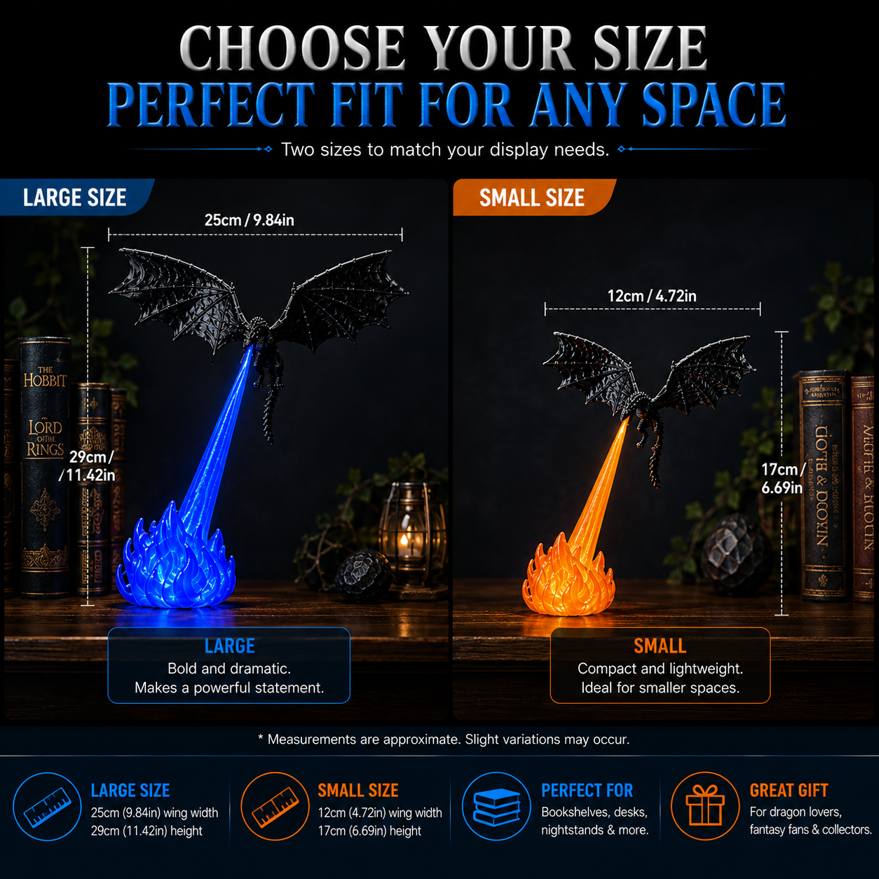 🔥  🐉| 3D Fire-Breathing Dragon LED Display – Fantasy Bookshelf Decor with Glowing Flame