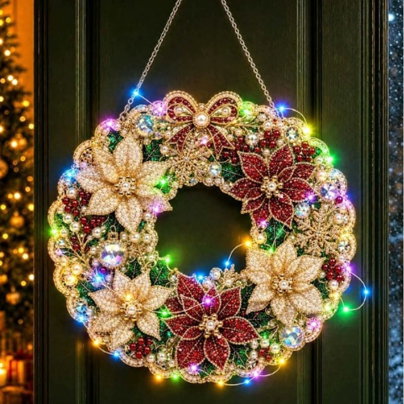 LED Weihnachts-Perlen-Diamantbild – Funkelnde Weihnachtskranz-Dekoration mit 19 Motiven