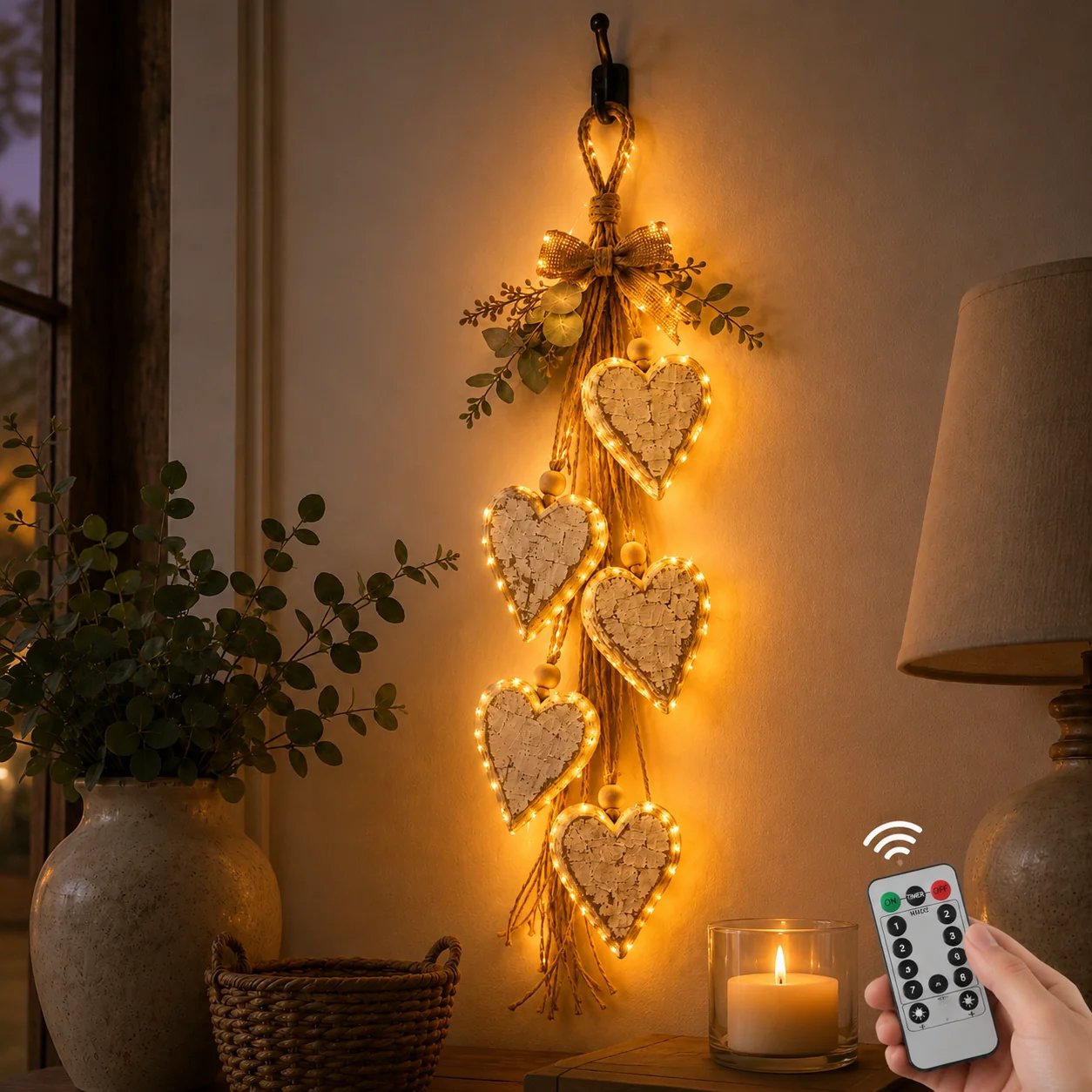 🩵 3D Solid Wood Lighted Hanging Heart Wall Decor – Remote-Controlled Rustic Farmhouse Decoration 🌊🎁BUY 2 FREE SHIPPING