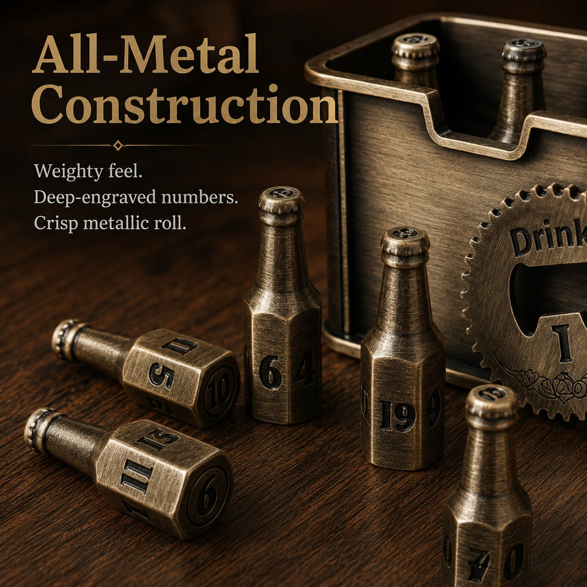 Beer Bottle Solid Metal Dice Set – 9-Piece Tabletop RPG Kit