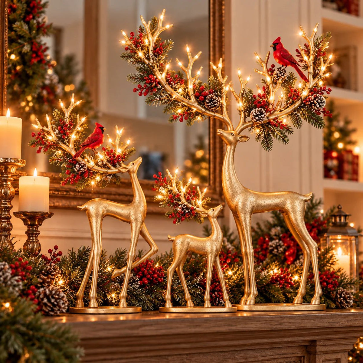 ✨ Cardinal Woodland Reindeer™ – Lighted Golden Christmas Deer Decorations