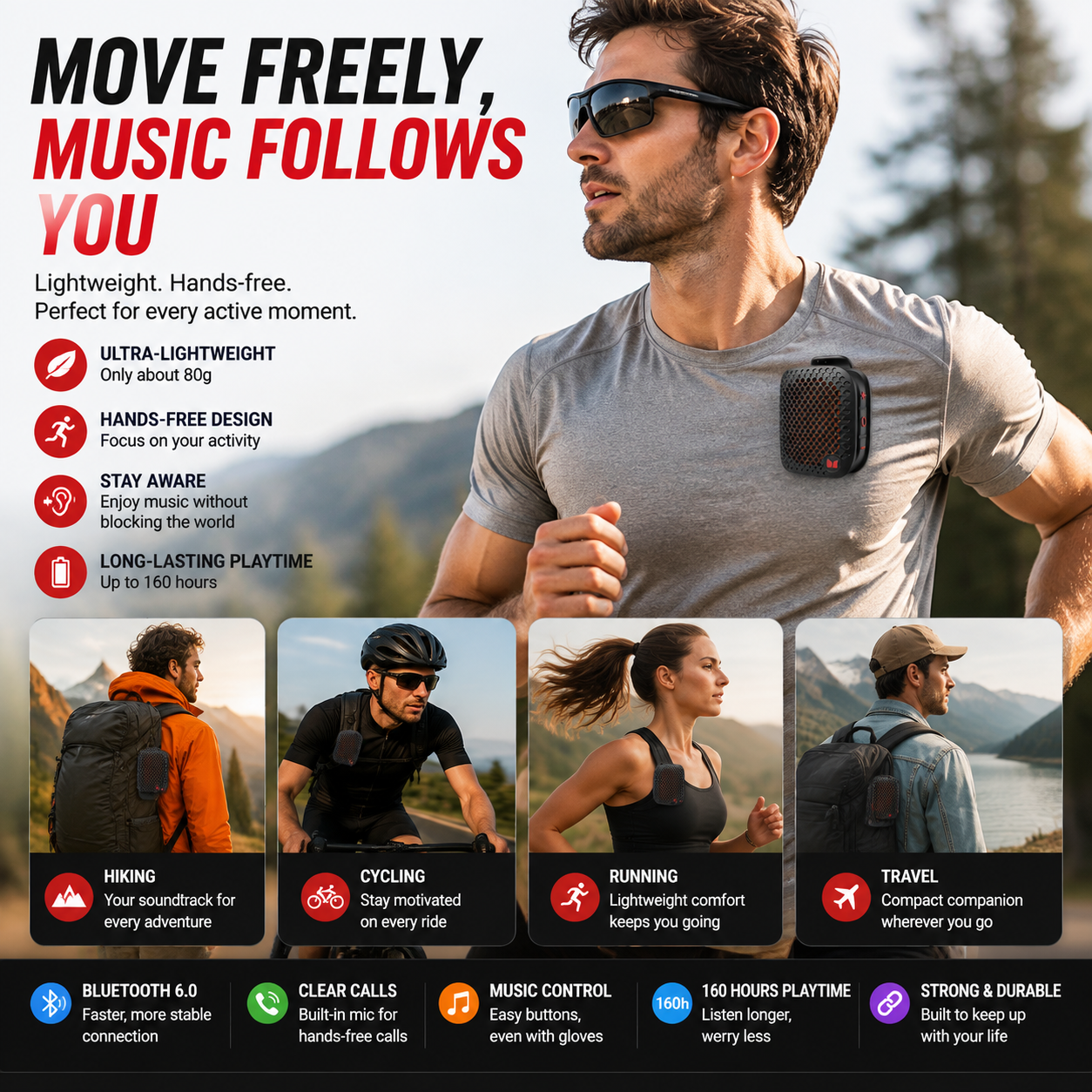 🏃 Outdoor Clip-On Bluetooth Speaker | Waterproof Speaker for Running & Cycling
