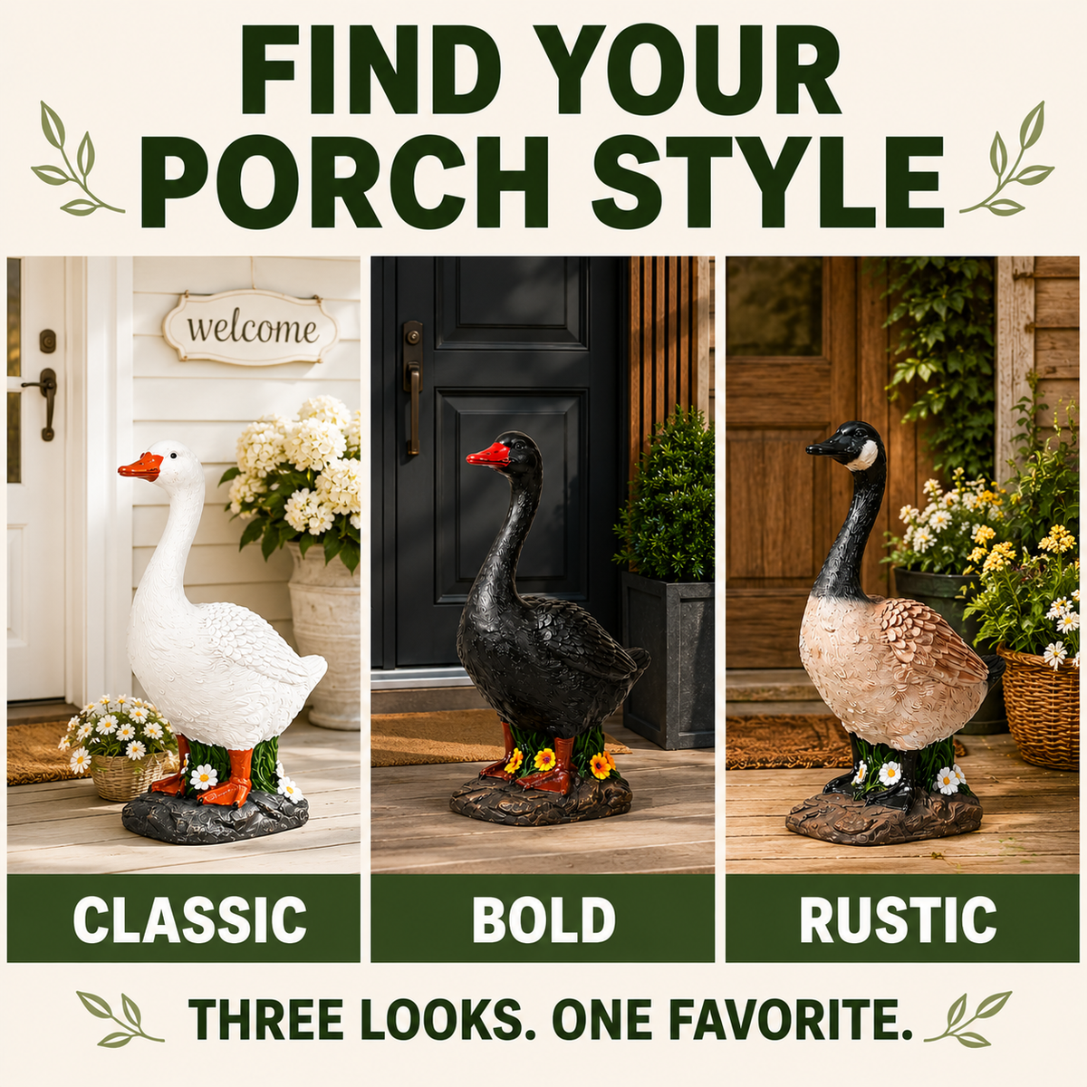 Hand-Painted Porch Goose Statue – 19” Tall, Indoor & Outdoor