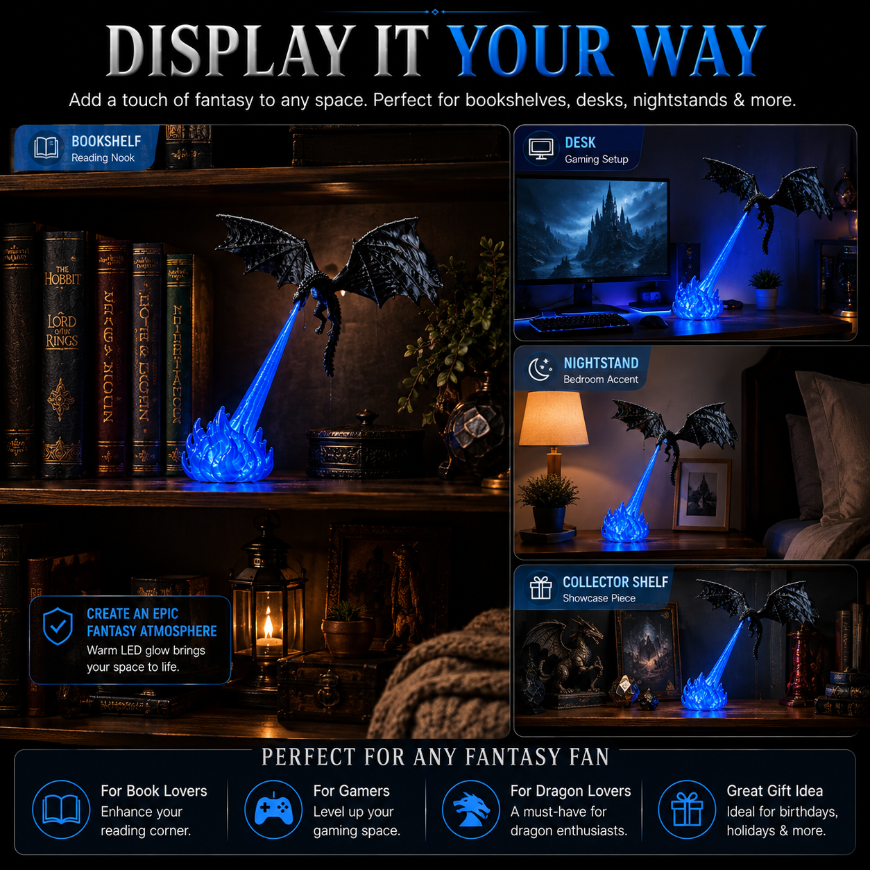 🔥  🐉| 3D Fire-Breathing Dragon LED Display – Fantasy Bookshelf Decor with Glowing Flame
