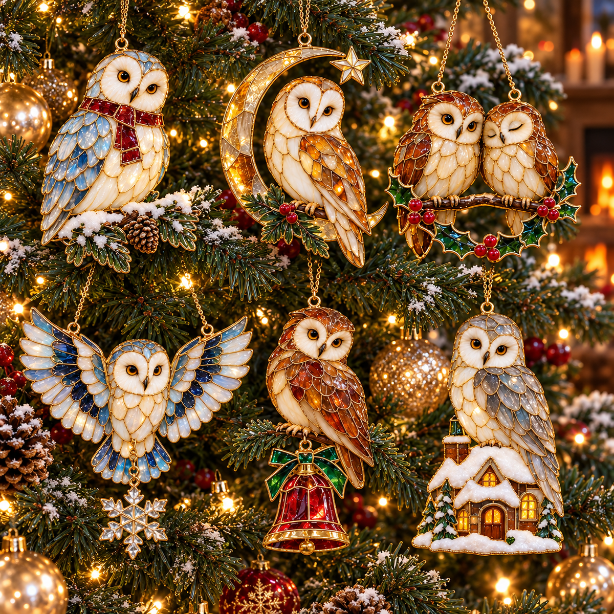 Stained Glass Style Owl Christmas Ornaments