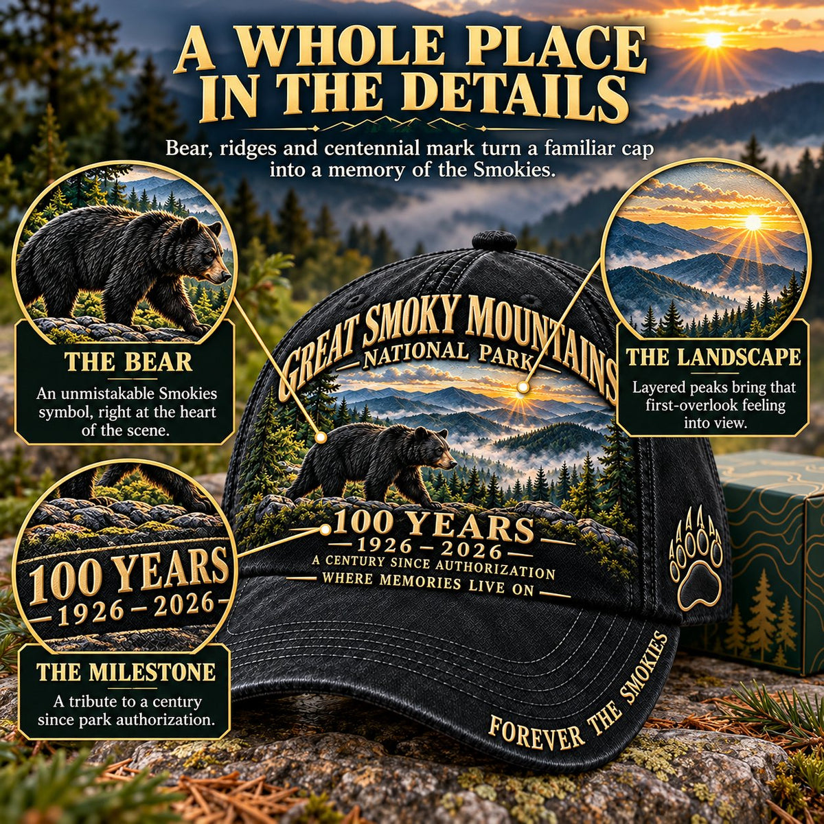 ⏳ Last Day 49% OFF – 🏞️ Great Smoky Mountains 1926–2026 Centennial Cap | Black Bear & Mountain Heritage Design 🐻