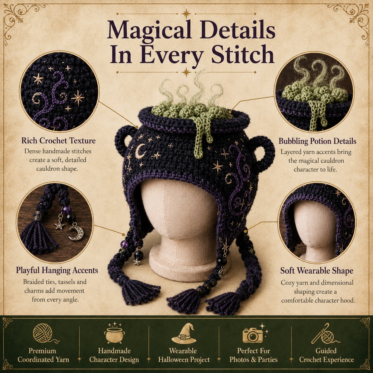 🔥 LAST DAY 49% OFF – 🎃✨ Halloween Hood Hat DIY Crochet Kit | Premium Soft Yarn Materials with Step-by-Step Guide DIY Handmade Wearable Spooky Character Hood 🧶🎭✨