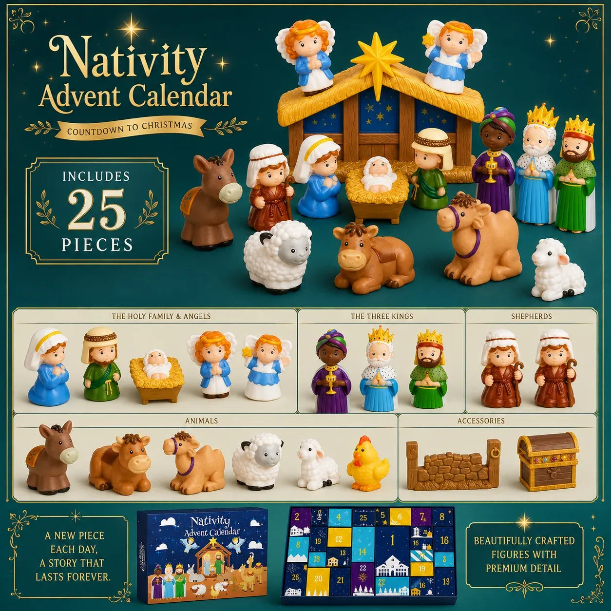2026 Nativity Advent Calendar – 25-Piece Christmas Story Set for Kids