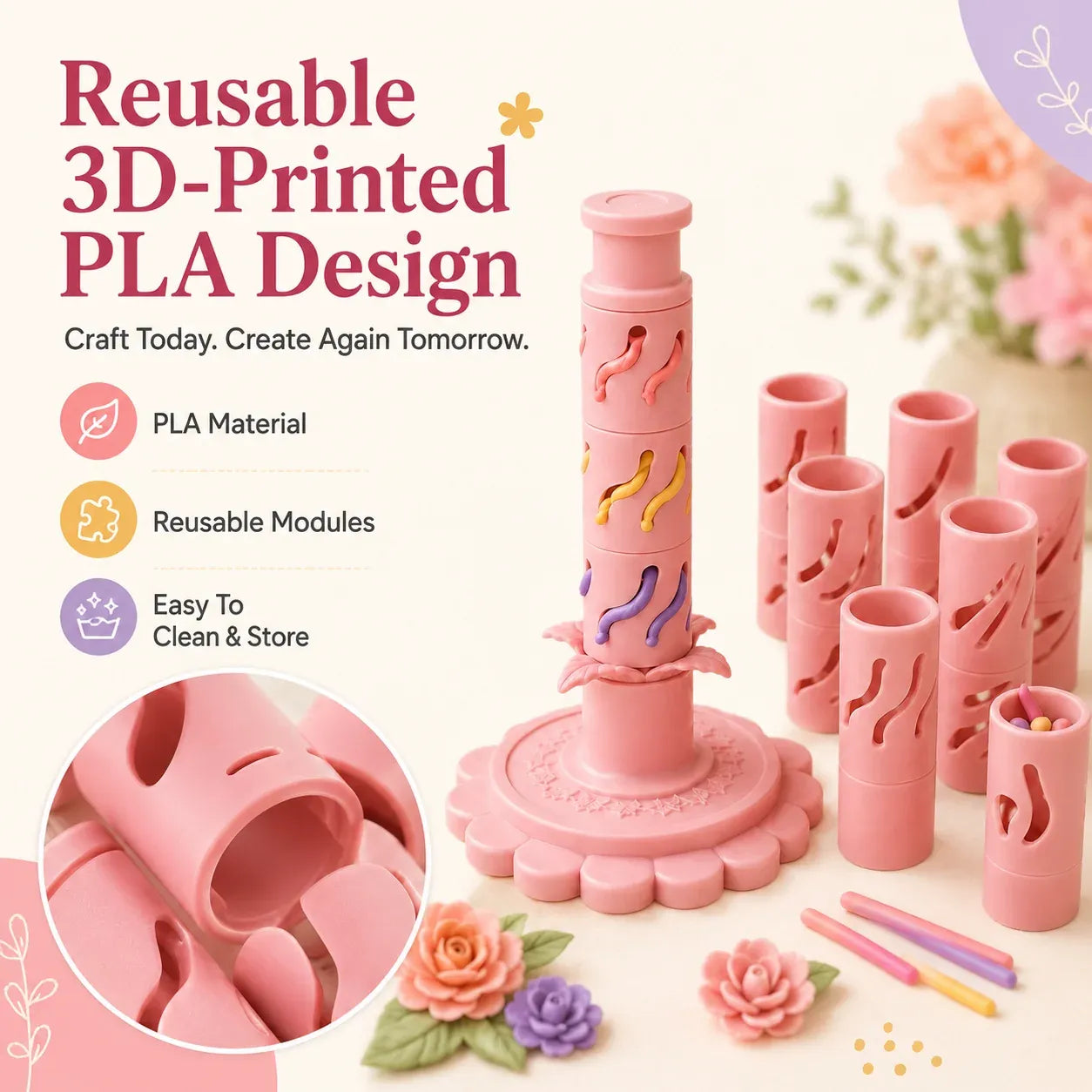 ⏳ Last Day 49% OFF – 🌸 Beginner-Friendly Clay Bloom Maker Set | Reusable 3D-Printed Flower Shaping Tool with Interchangeable Sleeves & 24-Color Modeling Clay Included ✨