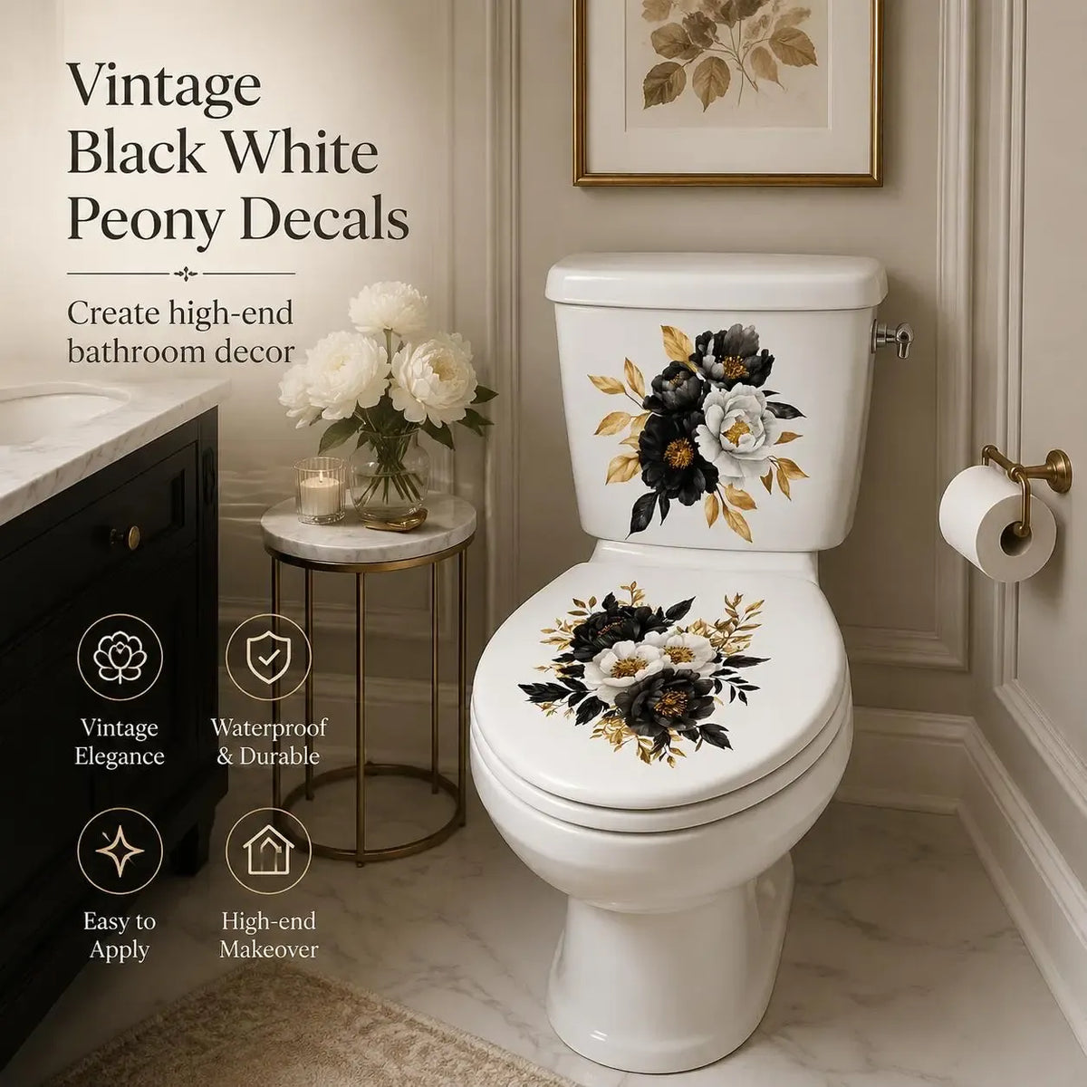 🌸3 Piece Golden Floral Toilet Stickers – Pearl-Inspired Bathroom Decals