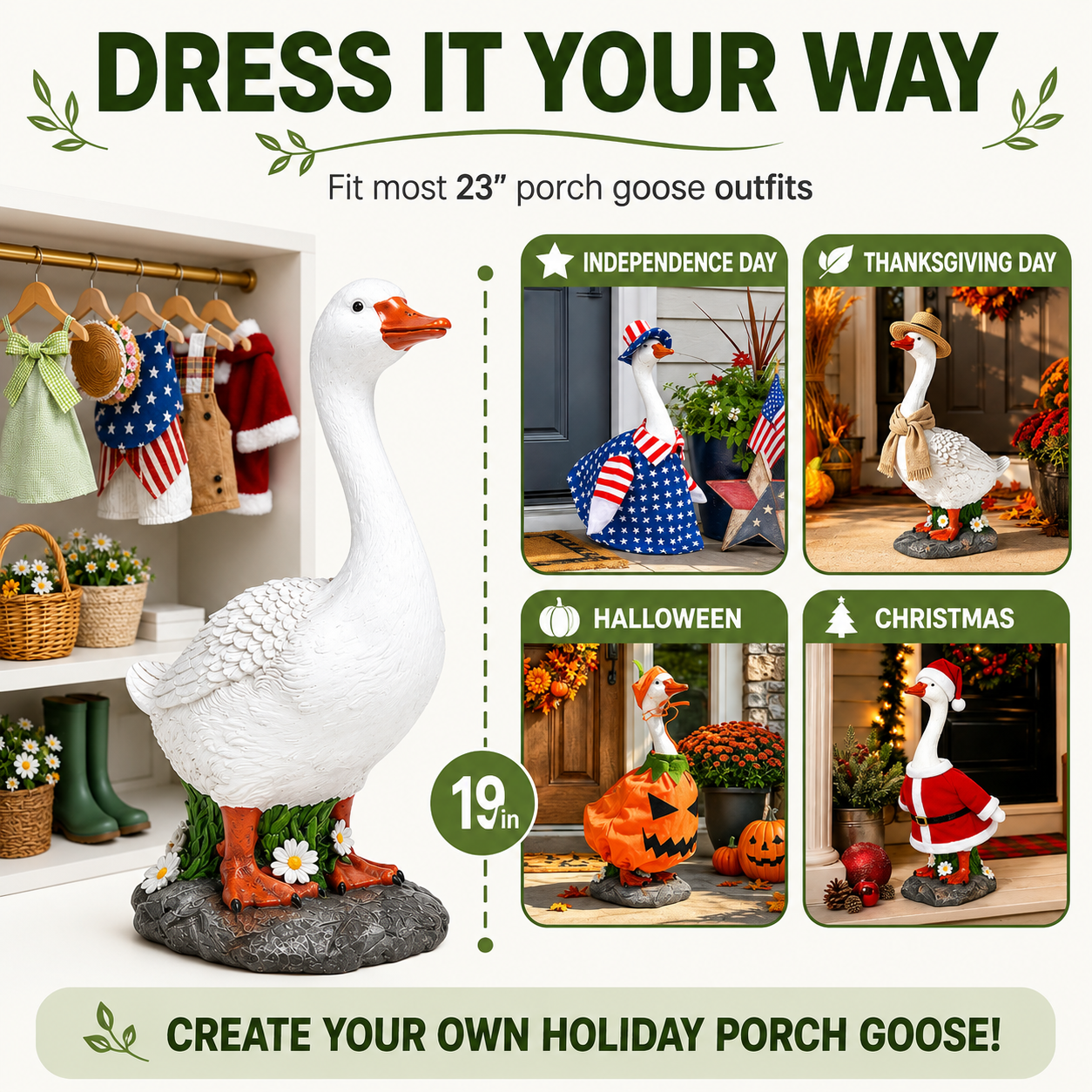 Hand-Painted Porch Goose Statue – 19” Tall, Indoor & Outdoor
