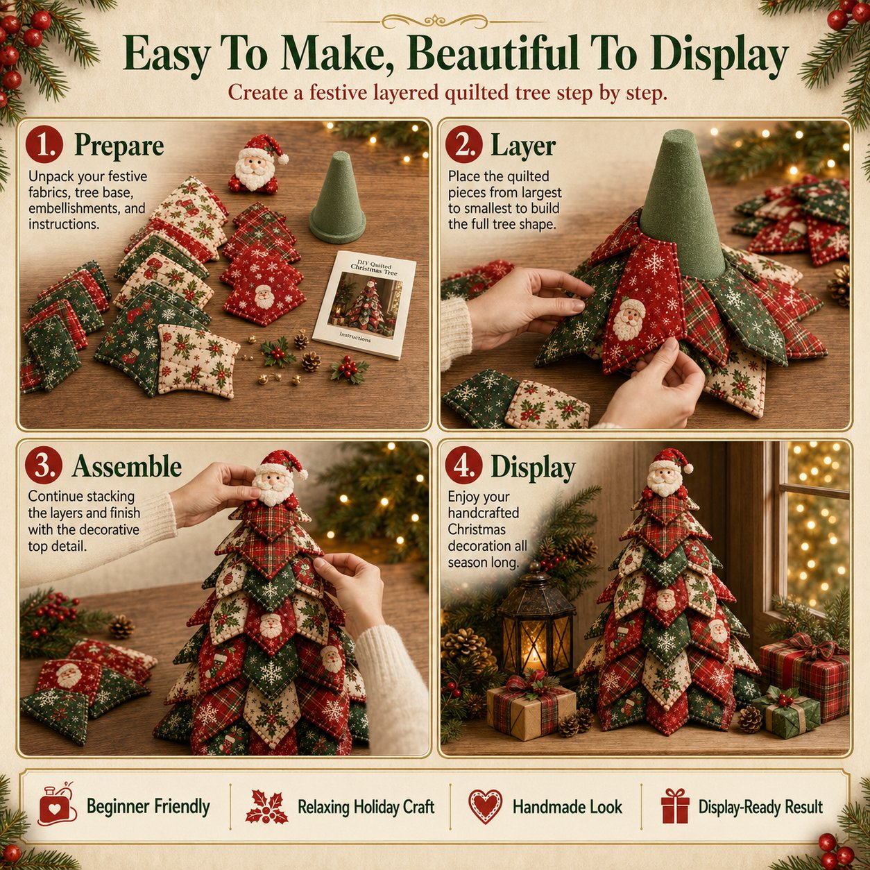 🎄 DIY Quilted Christmas Tree Kit | Layered 3D Tabletop Craft with Pre-Cut Festive Fabrics, Foam Base & Easy Instructions 🧵✨