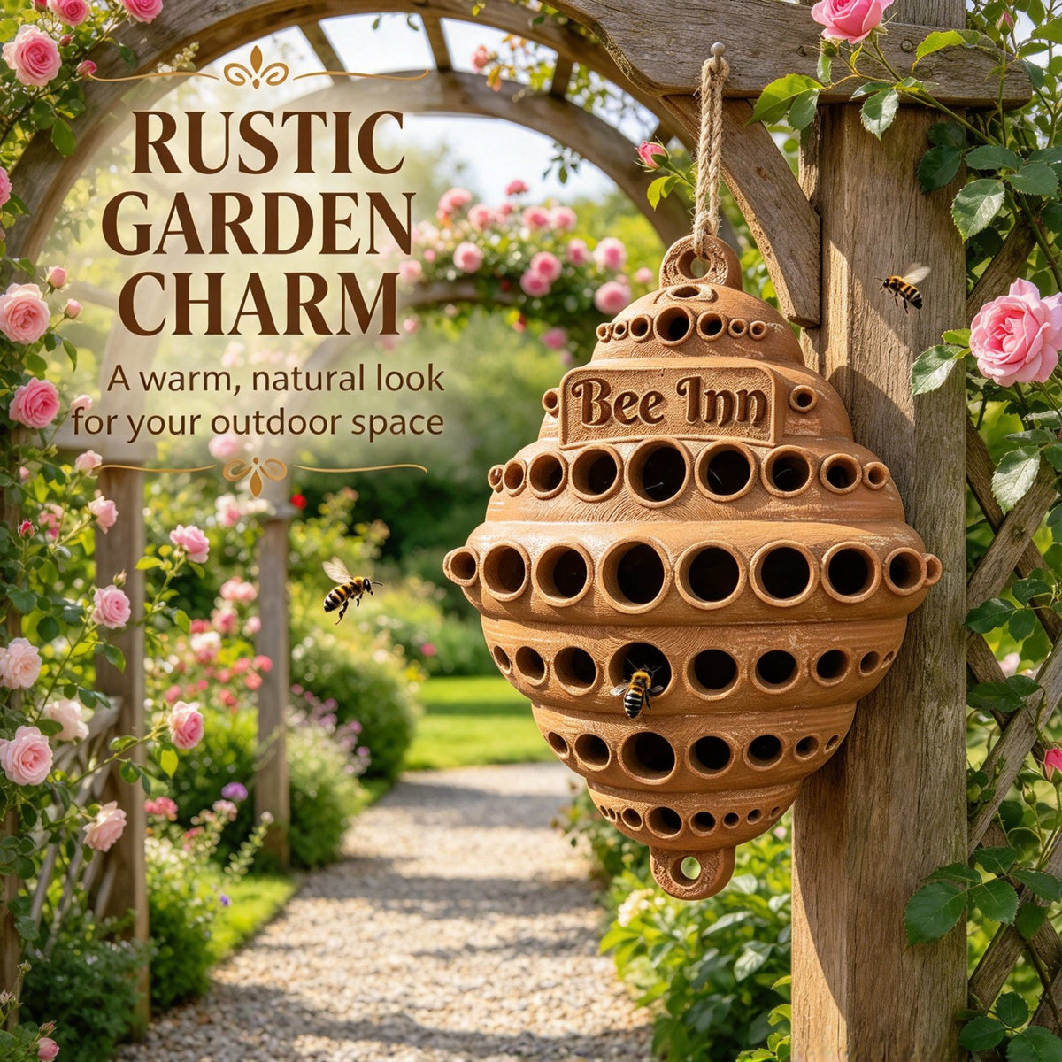 🐝 Bee Inn Hanging Bee Hotel | Rustic Solitary Bee House Pollinator Nesting Shelter for Garden Decor