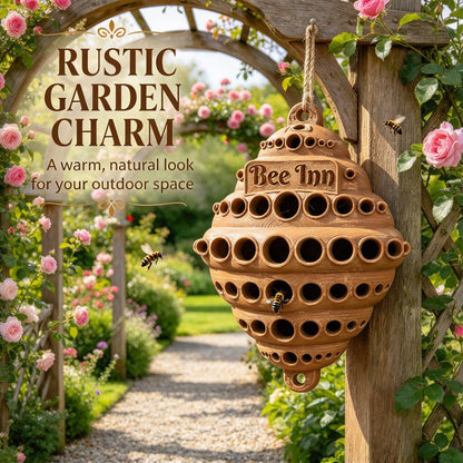 🐝 Bee Inn Hanging Bee Hotel | Rustic Solitary Bee House Pollinator Nesting Shelter for Garden Decor
