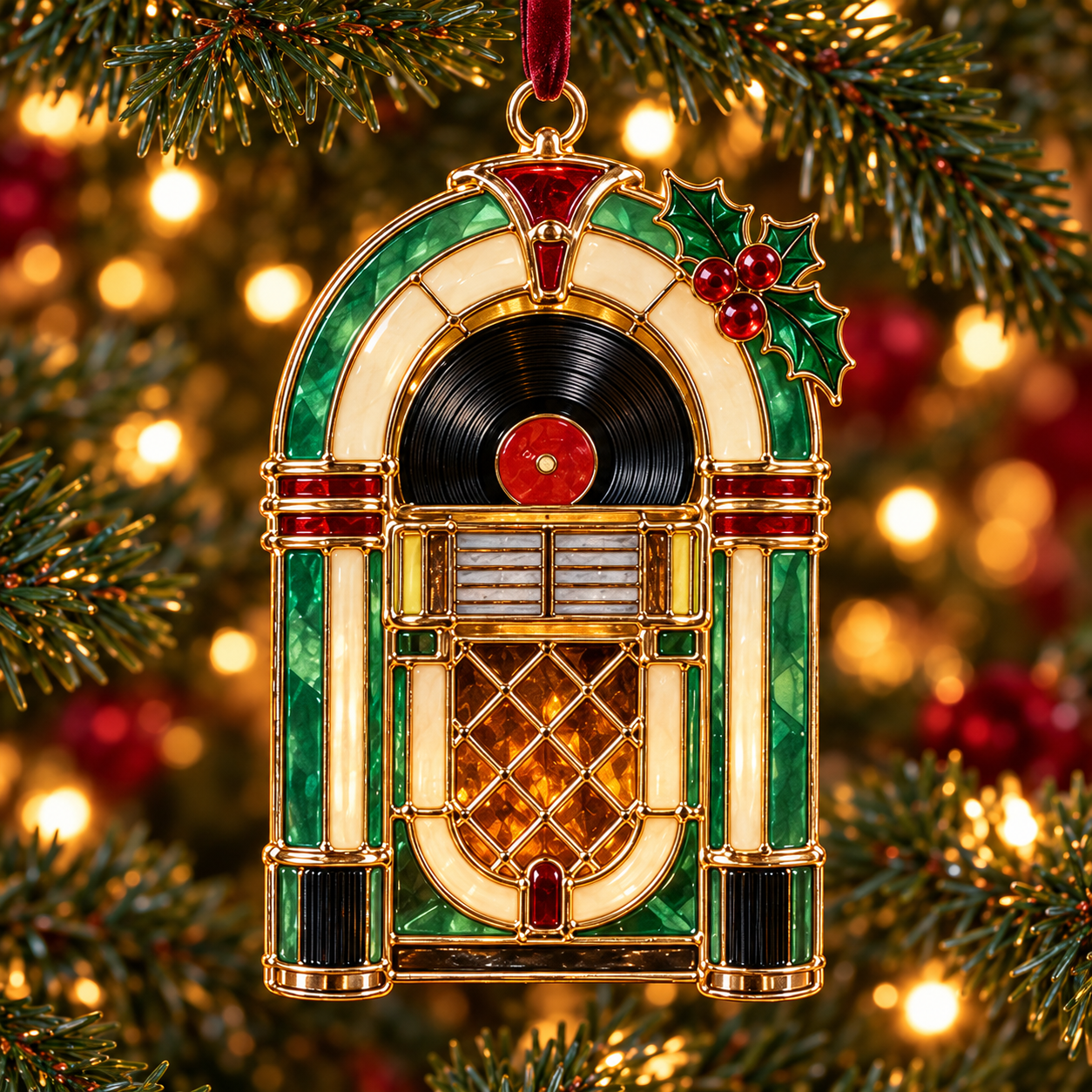 Retro green gold Christmas jukebox ornament