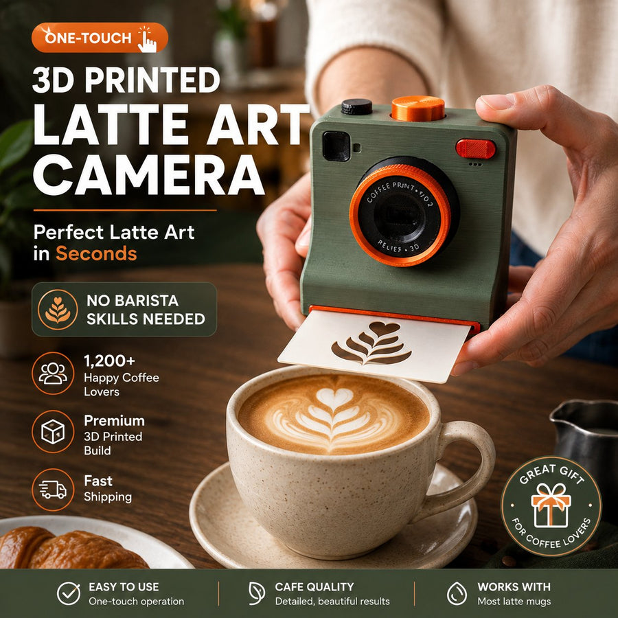 Green 3D printed latte art camera