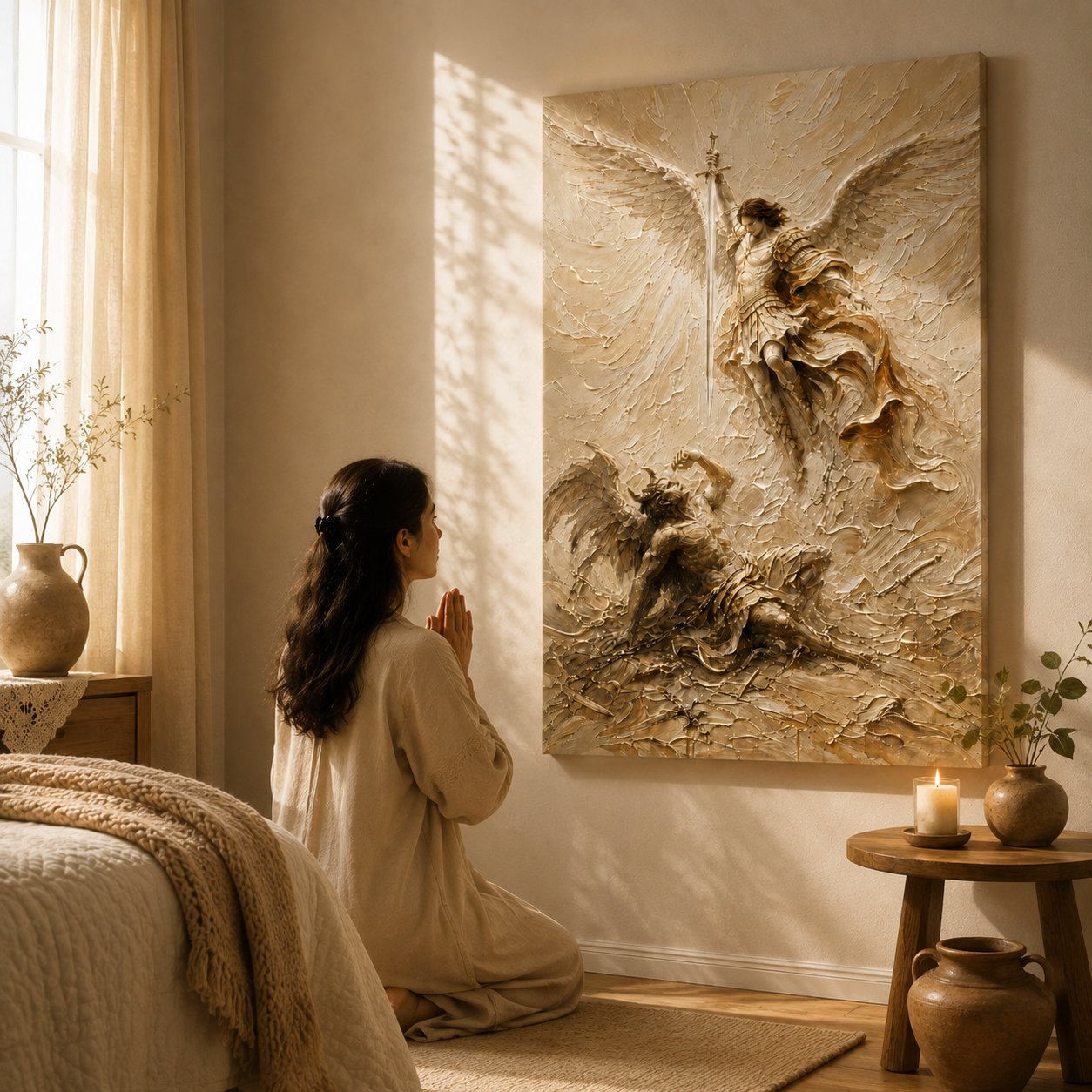 🛡️ Michael Victory 3D Impasto Canvas | Premium Relief Sacred Decor for Christian Altar & Housewarming Gift